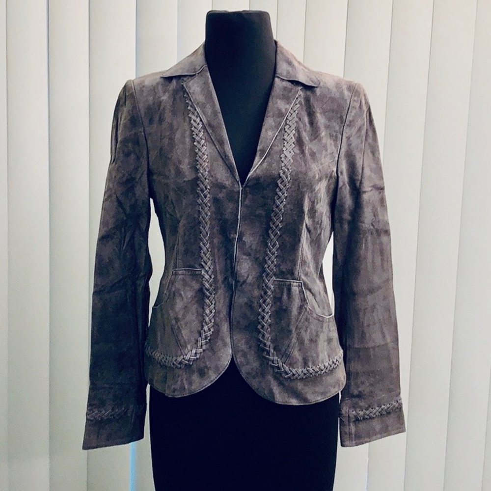 Vintage look AK Anne Klein Gray Genuine Suede Jacket with Braided Detail.